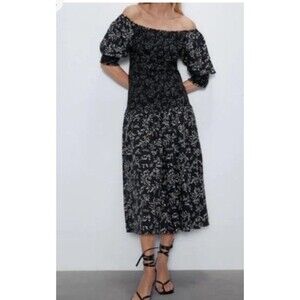 Zara black white floral red off shoulder smocked drop waist Penny dress S